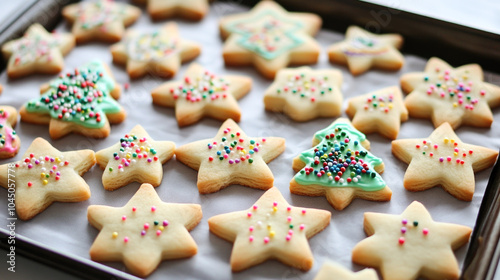 Festive sugar cookies with colorful sprinkles on baking tray for holiday celebrations