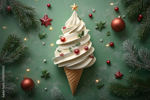 christmas tree ice cream cone, Winter holiday concept.