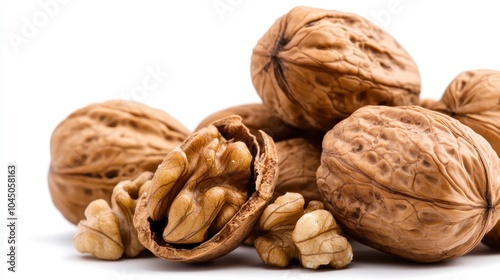 Detailed close-up of walnuts highlighting their intricate natural textures and earthy tones, presented against a pure white background for contrast and elegance.