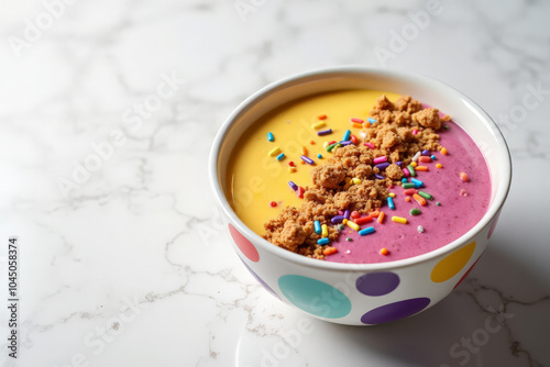 A smoothie bowl with a fun and playful topping, such as sprinkles or cookie crumbs