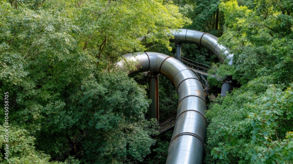 Industrielle Rohre schlängeln sich durch üppiges Grün in einer Waldlandschaft für Umweltdesignprojekte Industrielle Rohre schlängeln sich durch üppiges Grün in einer Waldlandschaft für Umweltdesignprojekte