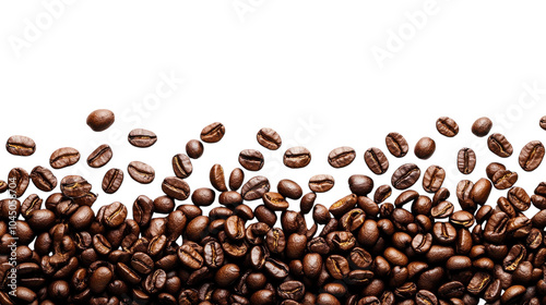 Aromatic coffee beans scattered artistically on a white background, capturing their rich texture