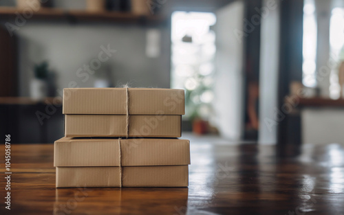 cardboard boxes on a wood table background, symbolizing logistics and packaging