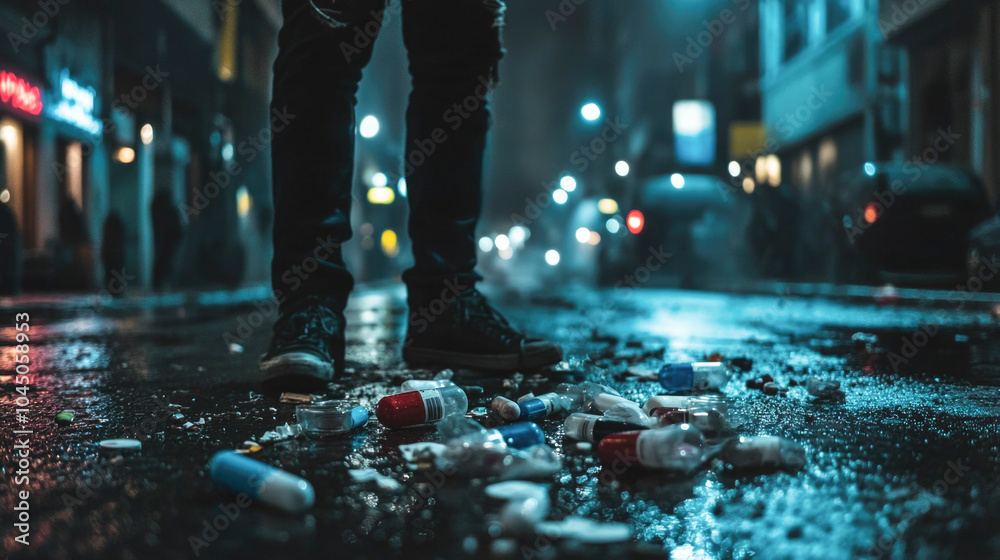 Fototapeta premium Urban night scene with littered capsules on wet street reflecting city lights and anonymous figure
