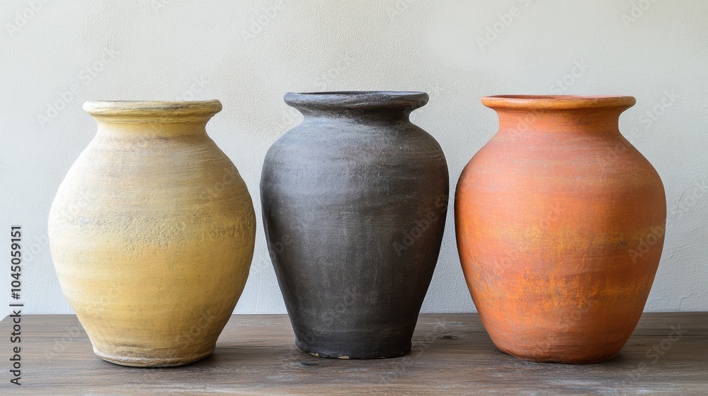 Rustic Clay Jars in Earthy Tones on Wooden Surface Rustic Clay Jars in Earthy Tones on Wooden Surface