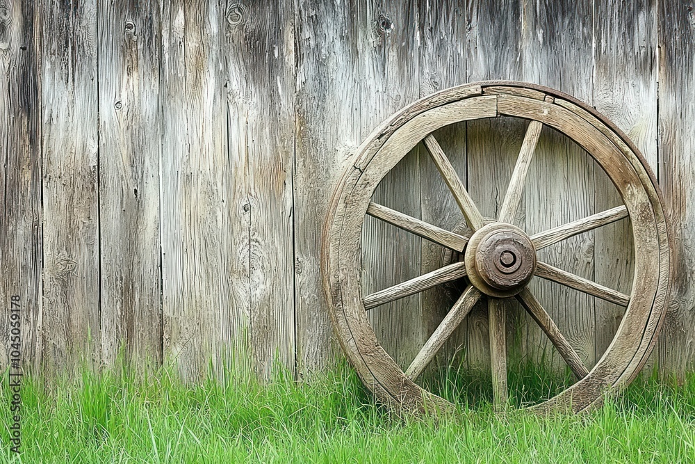 Rustic Wooden Wheel Against Weathered Wall Rustic Wooden Wheel Against Weathered Wall