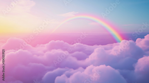 A vibrant landscape featuring a beautiful rainbow arching gracefully above fluffy white clouds