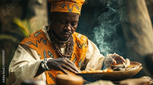 Yoruba Ifa divination system, a complex spiritual practice where priests use sacred tools to interpret messages from the divine photo