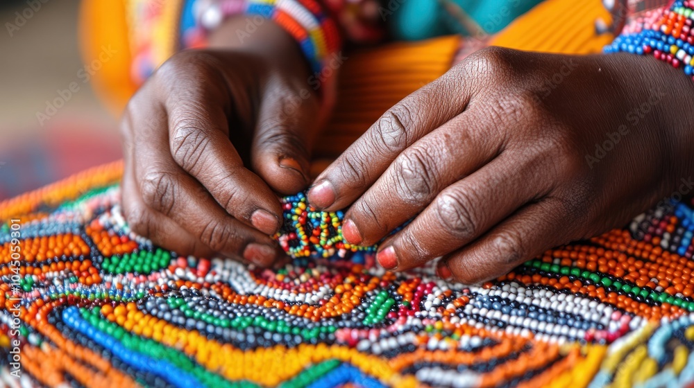 Zulu beadwork symbolism, intricate patterns representing social status, family ties, and messages in vibrant colors Zulu beadwork symbolism, intricate patterns representing social status, family ties, and messages in vibrant colors