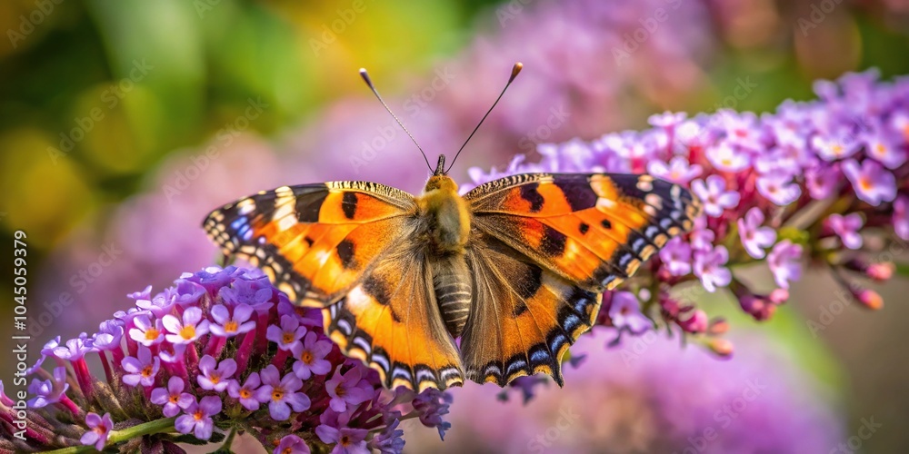 Fototapeta premium Small tortoiseshell butterfly on buddleia plant in a medium shot