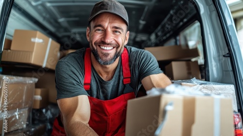 A jovial delivery worker in red overalls is captured smiling amid boxes in a van, representing dedication, service reliability, and satisfaction in logistics work.