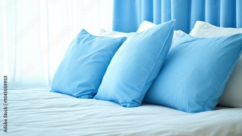 Soft Blue Pillows on Light Bedding in Sunlit Room Soft Blue Pillows on Light Bedding in Sunlit Room