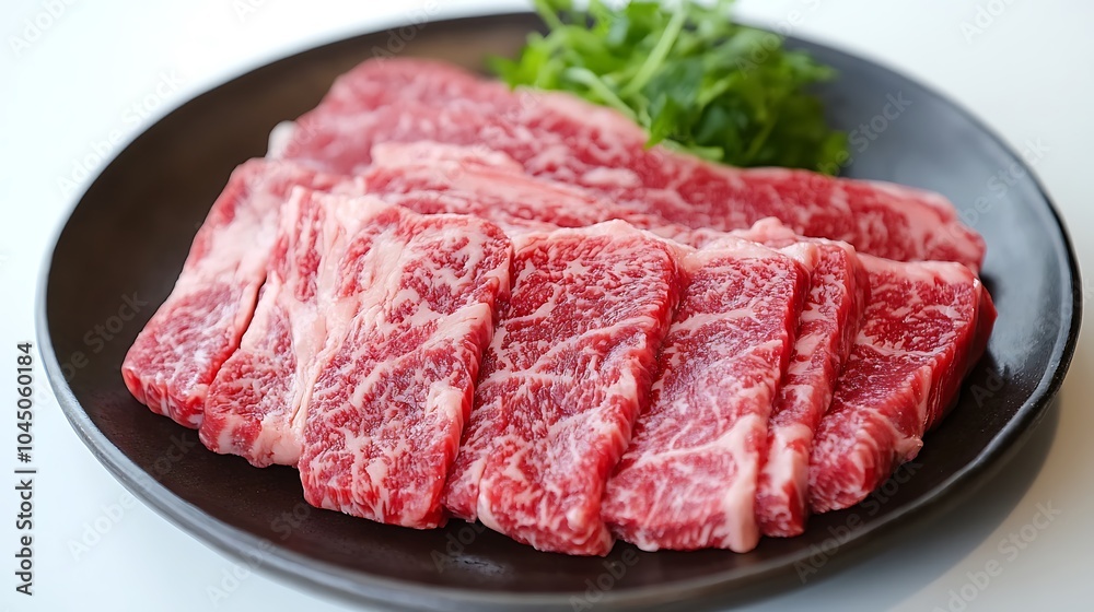 Marbled Beef Slices on Black Plate Marbled Beef Slices on Black Plate