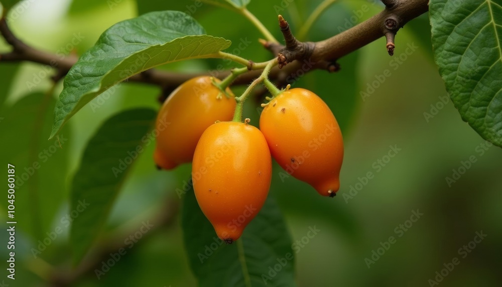 Bright orange fruit hanging from a tree branch Bright orange fruit hanging from a tree branch