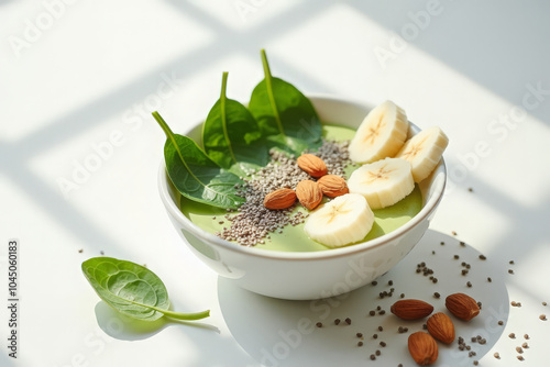 A healthy and nutritious smoothie bowl with spinach, banana, and almond milk on a plain white background