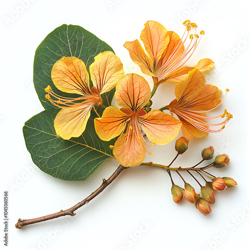 Caesalpinia Echinata flowers showcase vibrant orange petals and lush green leaves, creating stunning natural arrangement. delicate blossoms and buds evoke sense of tranquility and beauty photo