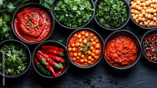 An array of small bowls filled with various spicy sauces, fresh herbs, and colorful spices, offering a feast for the senses in culinary artistry and flavor.