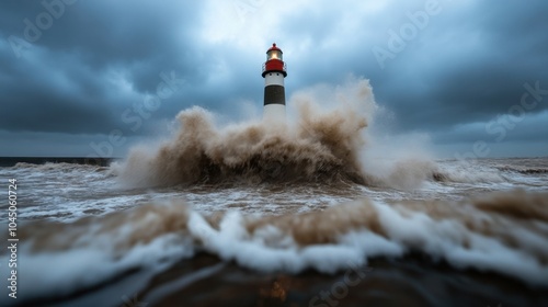 Majestätischer Leuchtturm kämpft im Morgengrauen gegen wütende Meereswellen photo