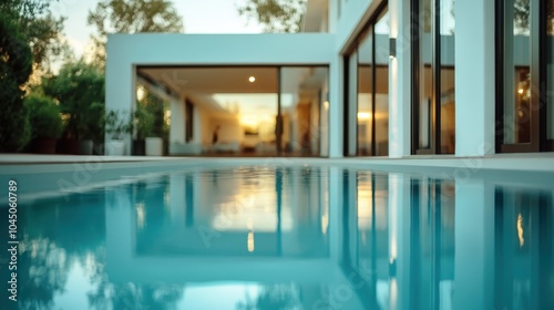 A stunning poolside view of a modern luxury house featuring sleek architecture, large windows, and serene surroundings, perfect for relaxation and leisure.