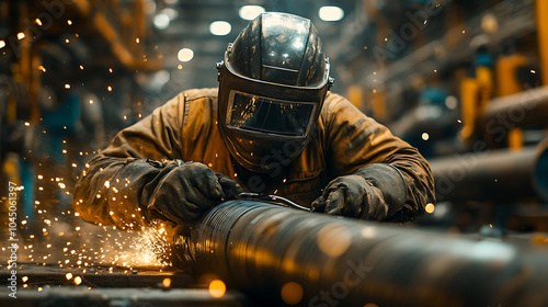 Welding in factory setting showcases an industrial worker wearing safety mask, focused on their task. Sparks fly as they expertly handle equipment, emphasizing importance of safety and precision in th