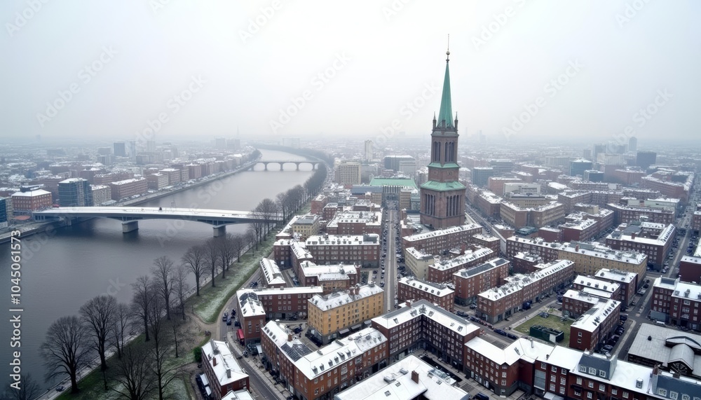 Fototapeta premium Snowy cityscape with river and iconic tower