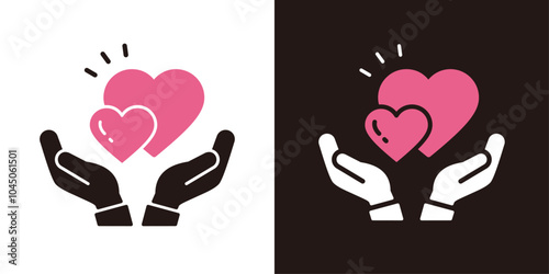 大小2つのハートを持つ両手のアイコンセット＿シルエット＿水平＿びっくり