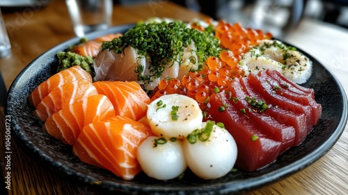 This sushi dish showcases an assortment of fresh salmon, tuna, and roe, complemented by greens and seasonings, creating an appetizing and colorful display. photo