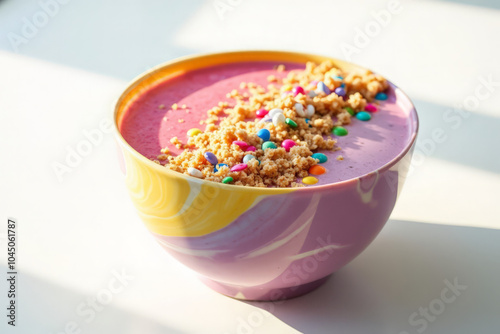 A smoothie bowl with a fun and playful topping, such as sprinkles or cookie crumbs