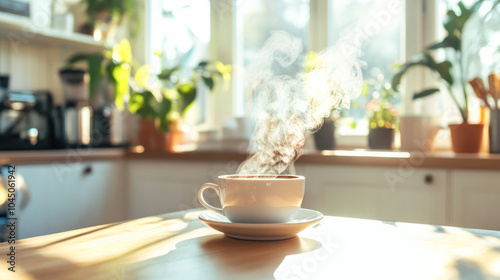 Steaming cup of coffee in sunlit kitchen with green plants and cozy atmosphere