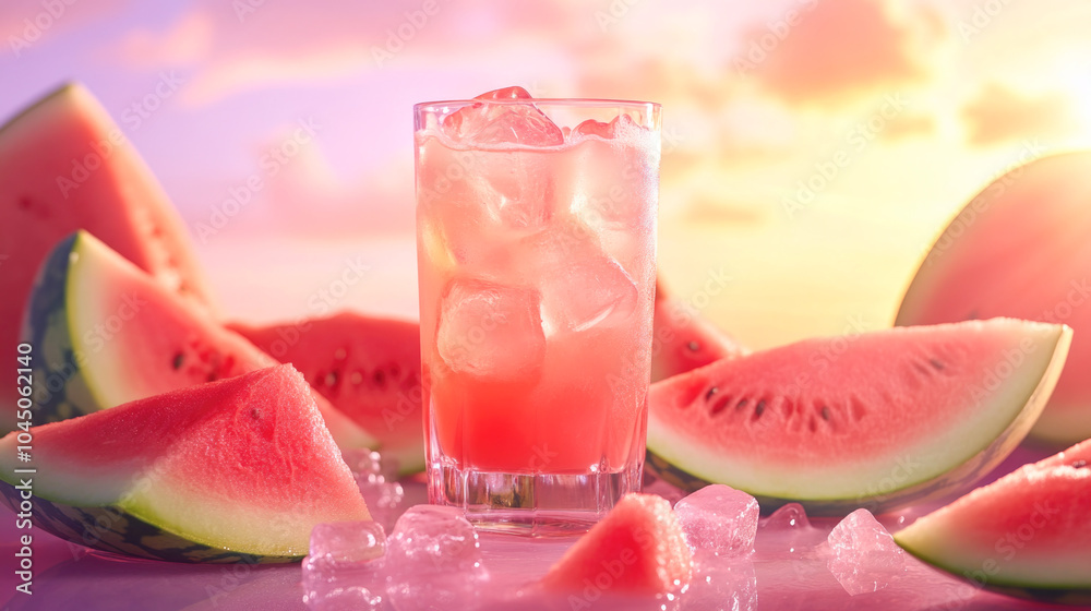 Fototapeta premium Refreshing summer watermelon drink with ice in sunlit setting