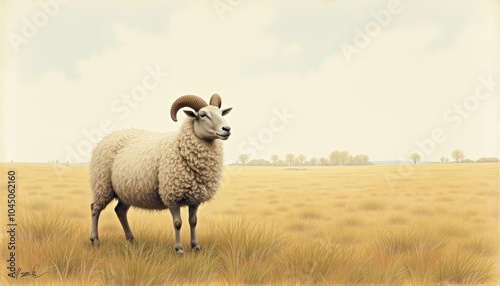  Peaceful pasture with a majestic ram