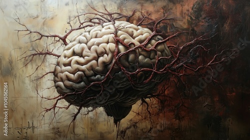 Anatomical human brain with branching blood vessels, hyper-realistic medical illustration style, dark gothic atmosphere, textured oil painting, crimson veins against sepia background, detailed cerebra photo