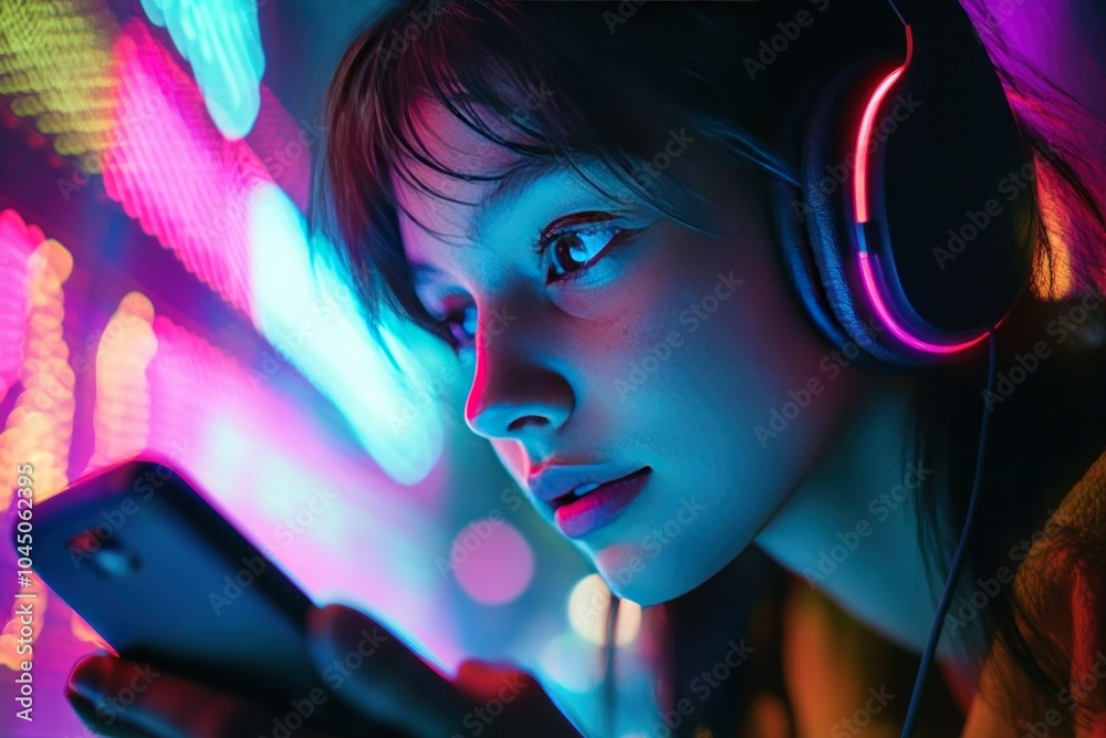 Young Woman Enjoying Music with Colorful Lights