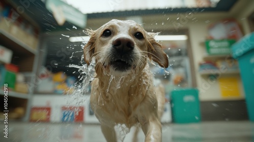 Verspielter nasser Hund im Innenbereich eines Tierheims für Design und Werbung photo