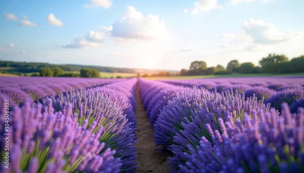 Obraz premium Blooming fields of lavender under a clear sky