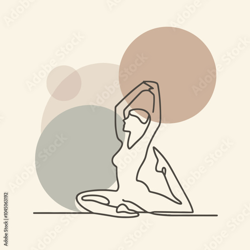 Flexible woman stretching in line art style with abstract circular background 
