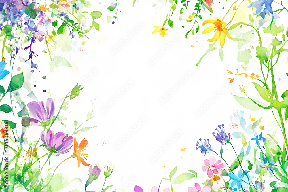 Vibrant watercolor flowers in purple yellow and green create a cheerful and colorful floral border
Vibrant watercolor flowers in purple yellow and green create a cheerful and colorful floral border