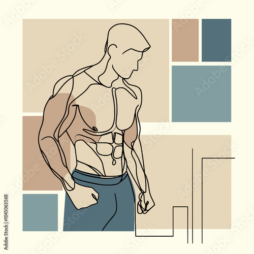 Stylized drawing of a muscular man, confident and determined mood, abstract shapes, vector art, copy space