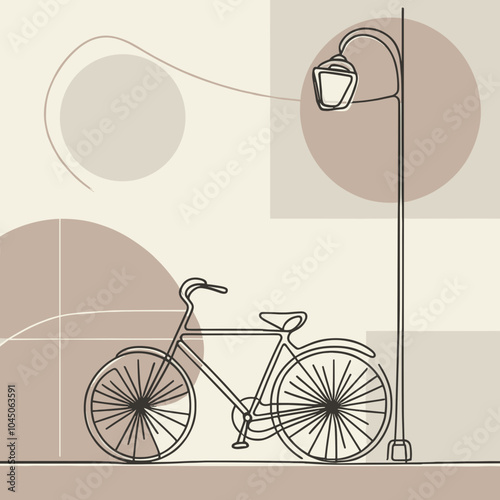 Stylized drawing of a bicycle near a street lamp, urban and leisurely mood, abstract shapes, vector art, copy space