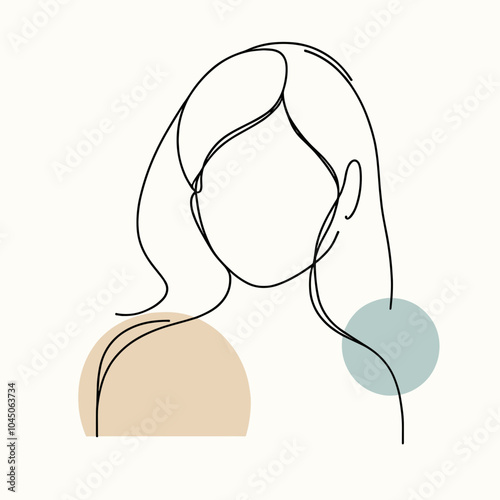 Stylized drawing of a faceless woman, introspective and serene mood, abstract shapes, vector art, copy space