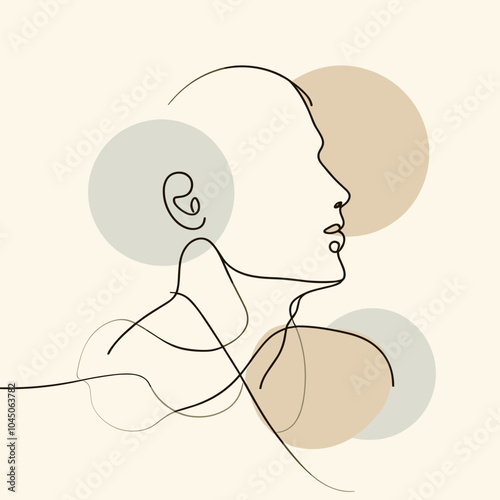 Stylized drawing of a side profile of a person, introspective and serene mood, abstract shapes, vector art, copy space