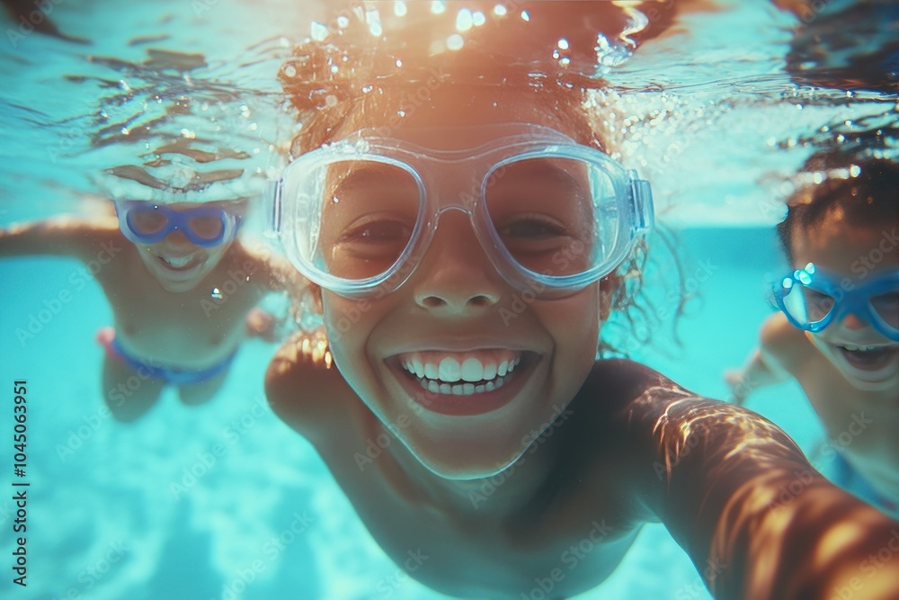 Naklejka premium Happy Kids Swimming and Playing in Clear Water