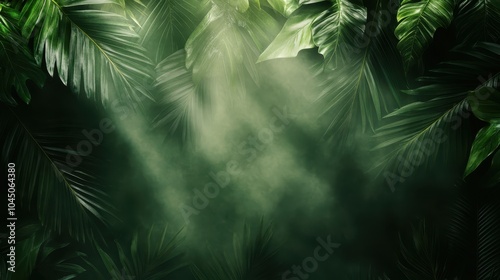 Fog weaves intricately through the towering green jungle canopy, casting a mystical atmosphere that evokes ideas of mystery and timeless natural beauty.