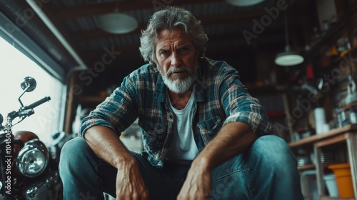 A resilient man in a workshop setting, relaxing over his motorcycle amidst tools and rustic surroundings, reflecting themes of craftsmanship and dedication.