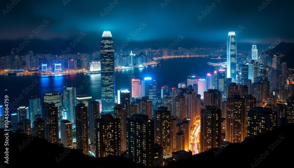 Obraz premium Vibrant cityscape at night illuminated by lights and skyscrapers