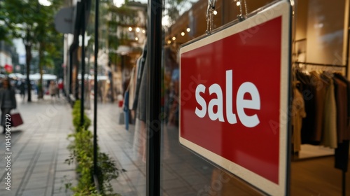 Einzelhandelsverkaufsförderungsschild im Schaufenster einer Modeboutique an einer belebten Stadtstraße