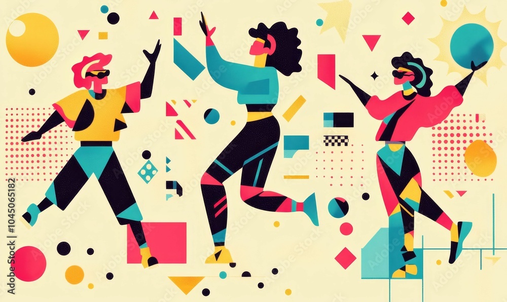 Geometric figures and three stylized figures dancing. Geometric figures and three stylized figures dancing.
