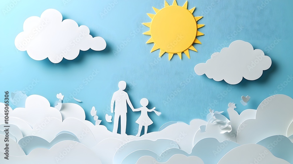 A father and his daughter standing in front of the sun, a simple layered paper art style on a blue background with clouds A father and his daughter standing in front of the sun, a simple layered paper art style on a blue background with clouds