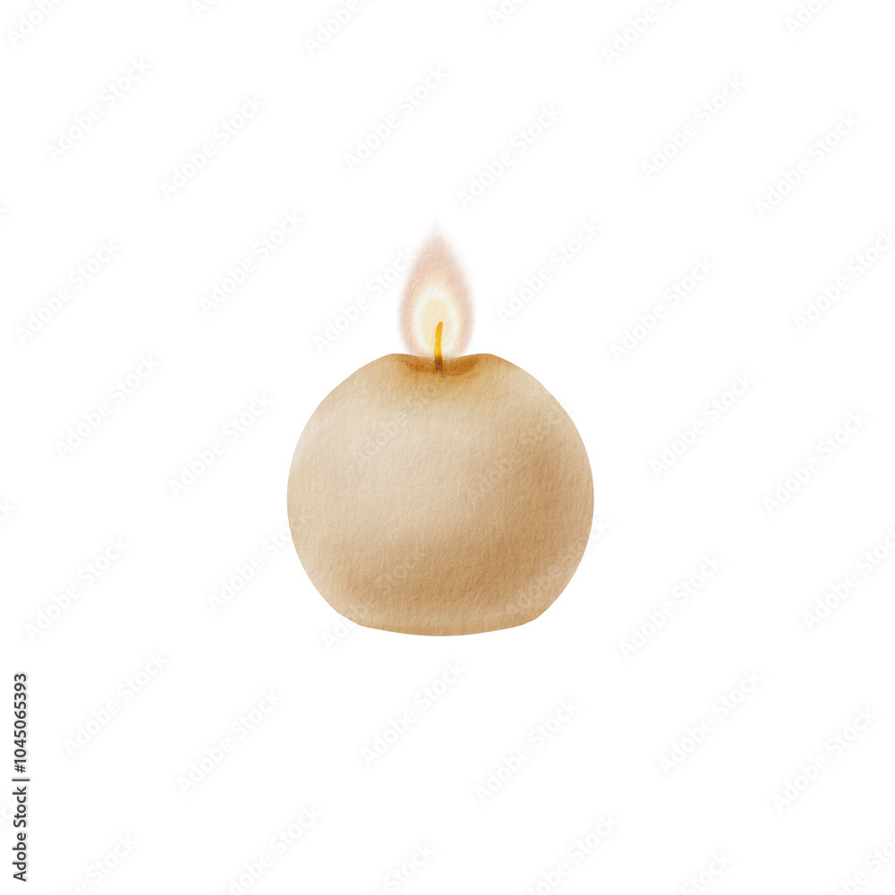 Wax candle with wick,small and round,flame of fire as a symbol of religion,faith,prayer,memories.Watercolor illustration in realistic style isolated on white for World Religion Day Wax candle with wick,small and round,flame of fire as a symbol of religion,faith,prayer,memories.Watercolor illustration in realistic style isolated on white for World Religion Day