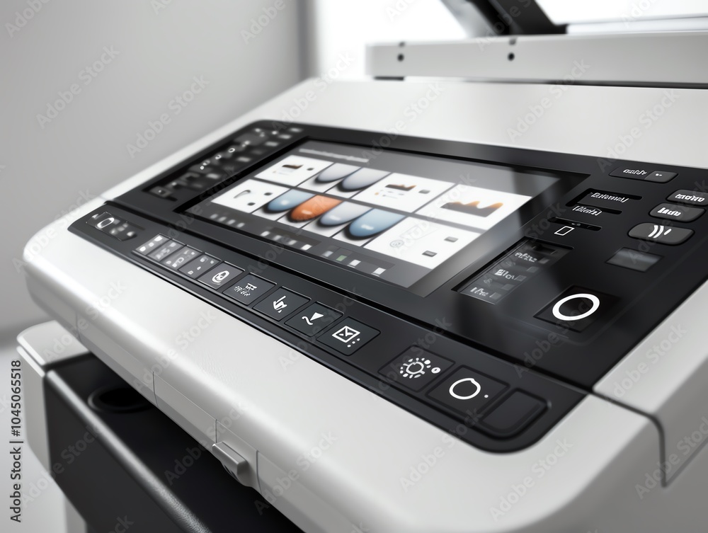 A copier with a touchscreen interface displaying options A copier with a touchscreen interface displaying options